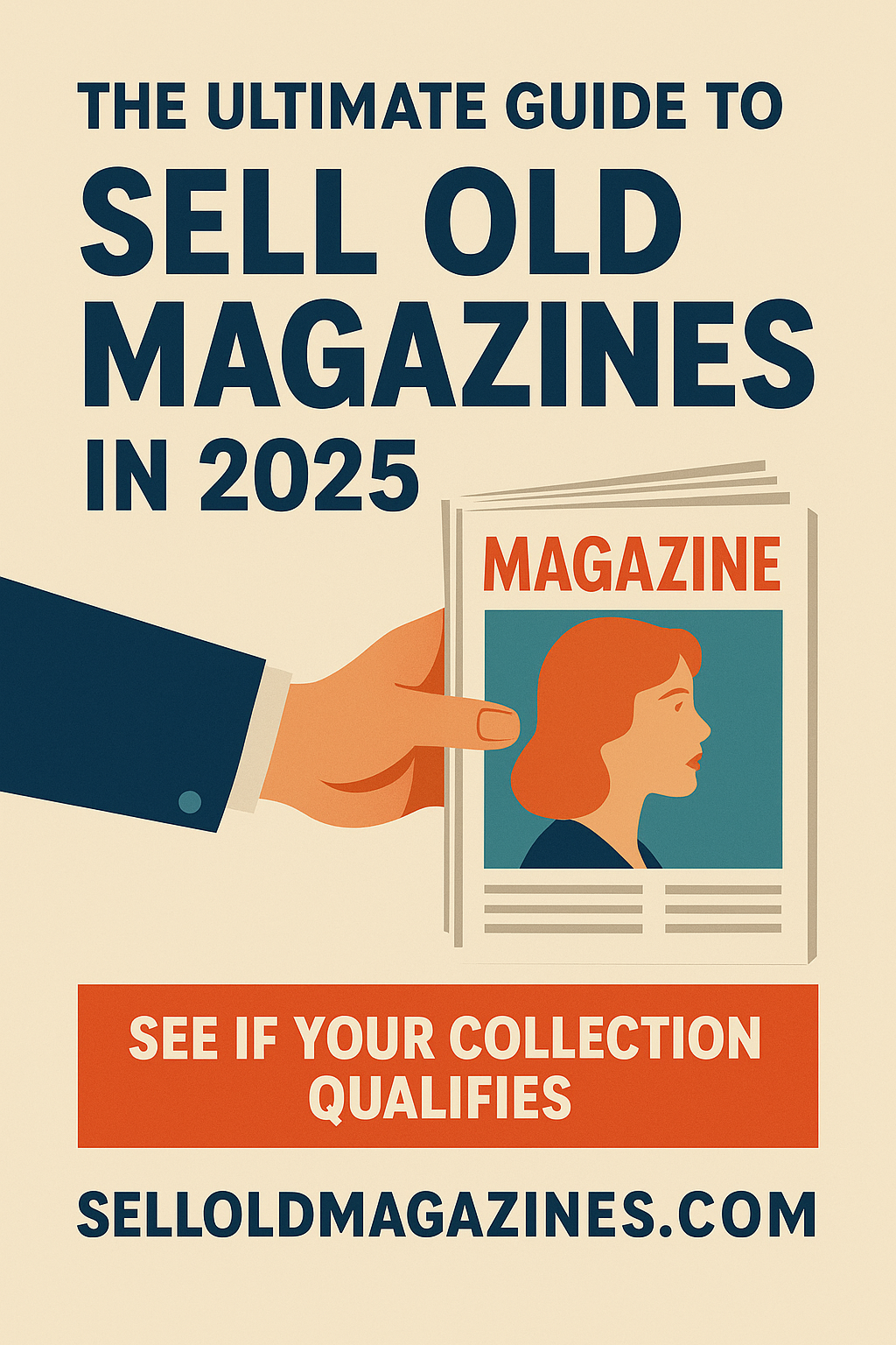 A 2D vintage-style digital illustration showing a hand holding a stack of old magazines, with a retro-style woman's profile on the cover. Bold text reads "The Ultimate Guide to Sell Old Magazines in 2025" and a red button says "See If Your Collection Qualifies."