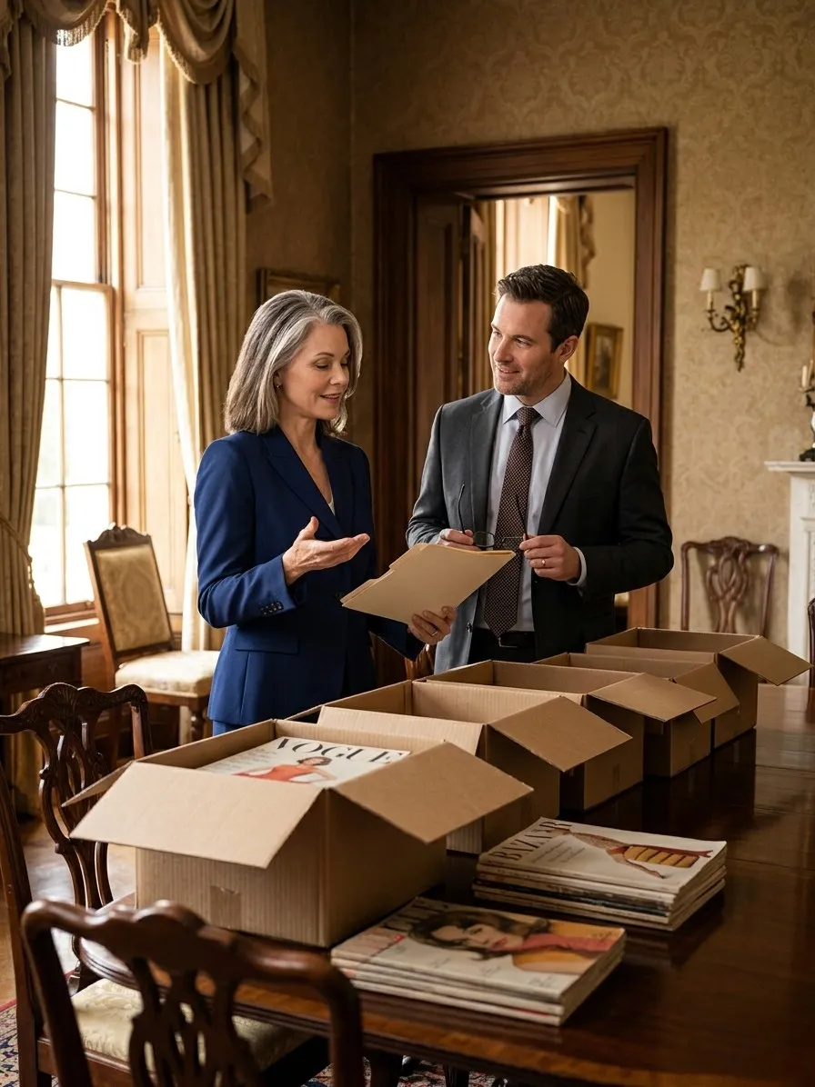 Estate professionals reviewing boxed vintage Vogue magazines at an estate property