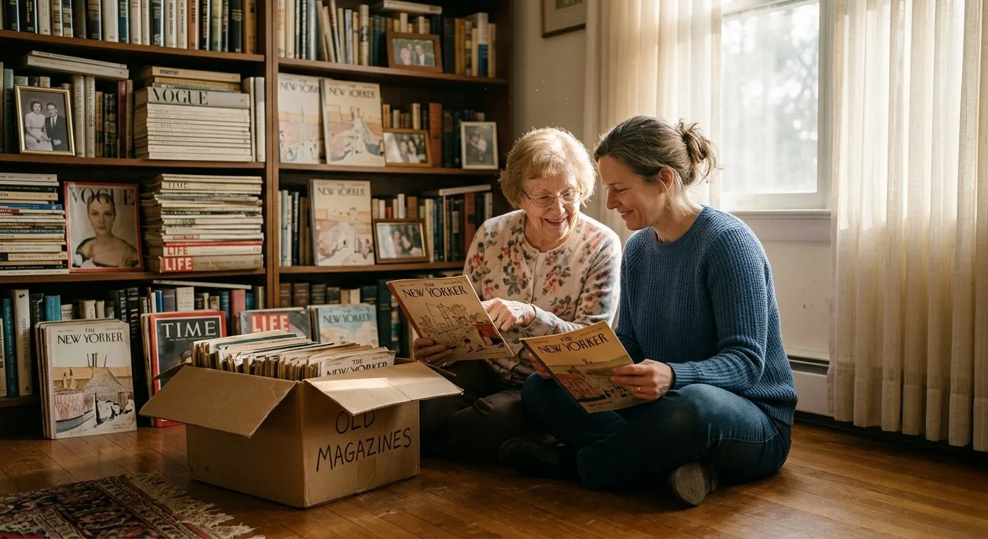A daughter and her mother sorting through inherited New Yorker magazines together